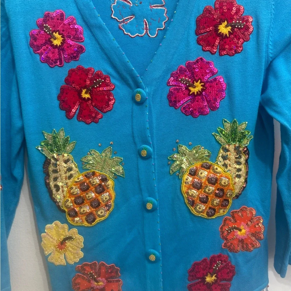 Just Be Blue Cardigan with Floral and Pineapple Embellishments size Medium - Picture 2 of 4